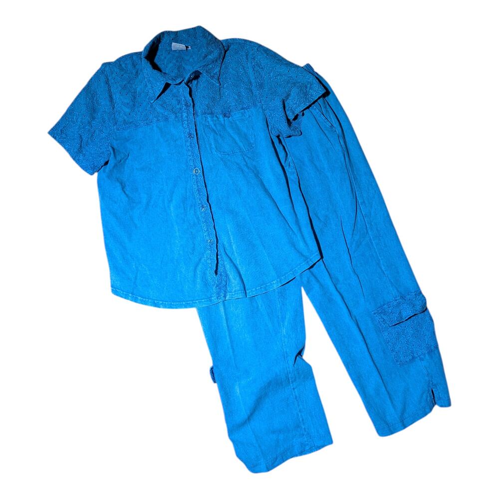 Vtg 1990s Focus USA Blue Eyelet Cotton Button Up Cargo Pants 2 Pc Outfit Set M